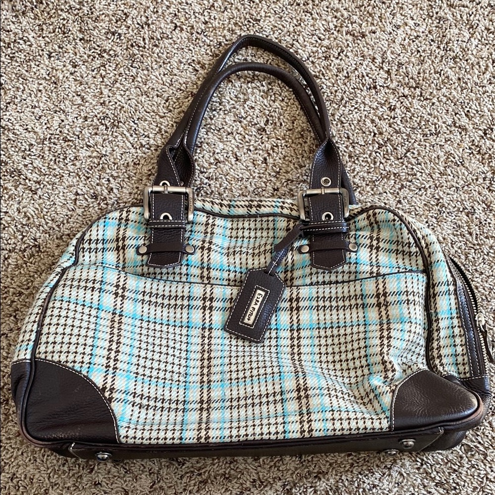 Ezra Fitch Brown and Blue Plaid Satchel with Leather Trim